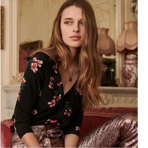 Sézane Quitterie Black/Red Silk Floral Ruffle Top - EU 36/US 4